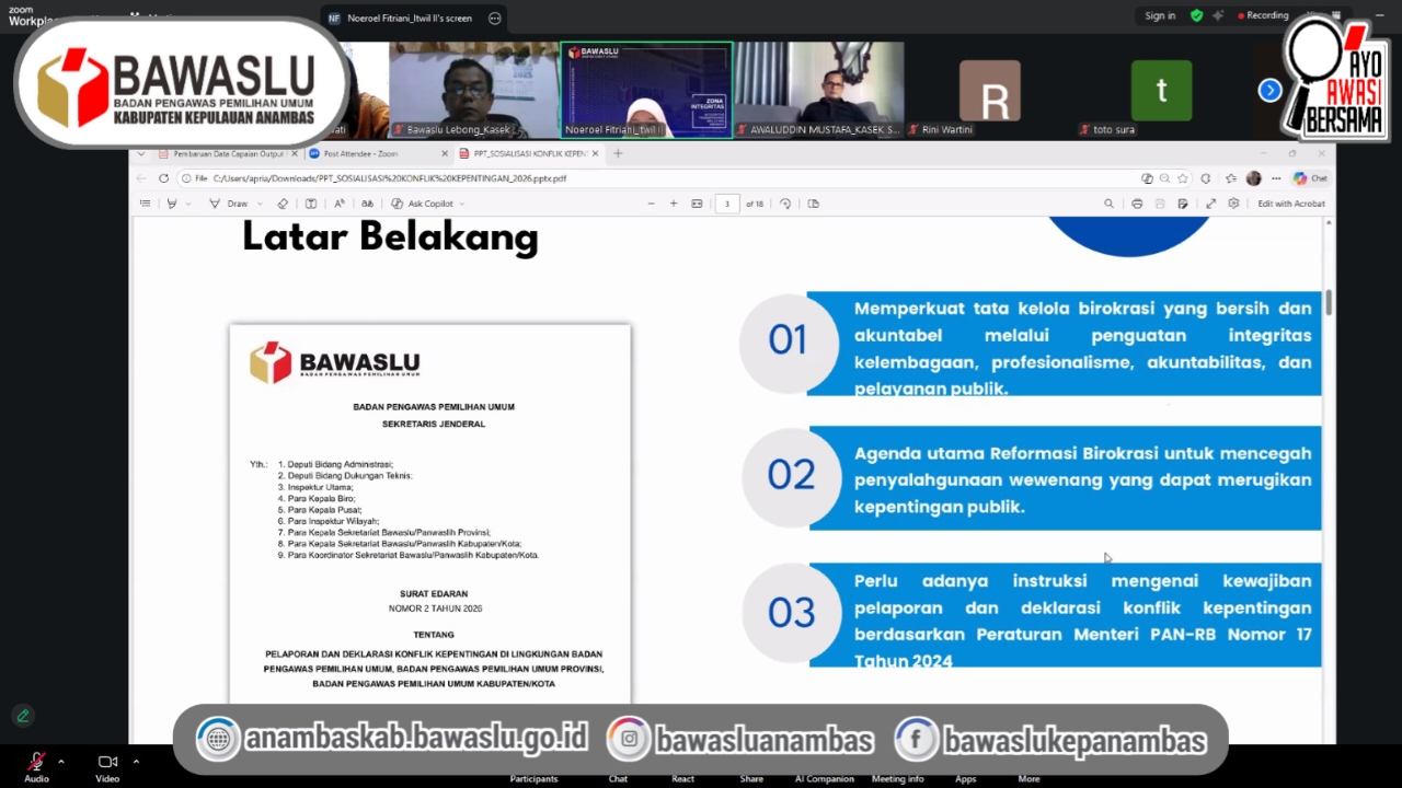 Koorsek Bawaslu Anambas Ikuti Rapat Sosialisasi SE Sekjen Bawaslu RI Nomor 2 Tahun 2026