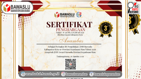 Bawaslu Kepulauan Anambas Raih Peringkat III Pengelolaan JDIH se-Kepri Tahun 2026